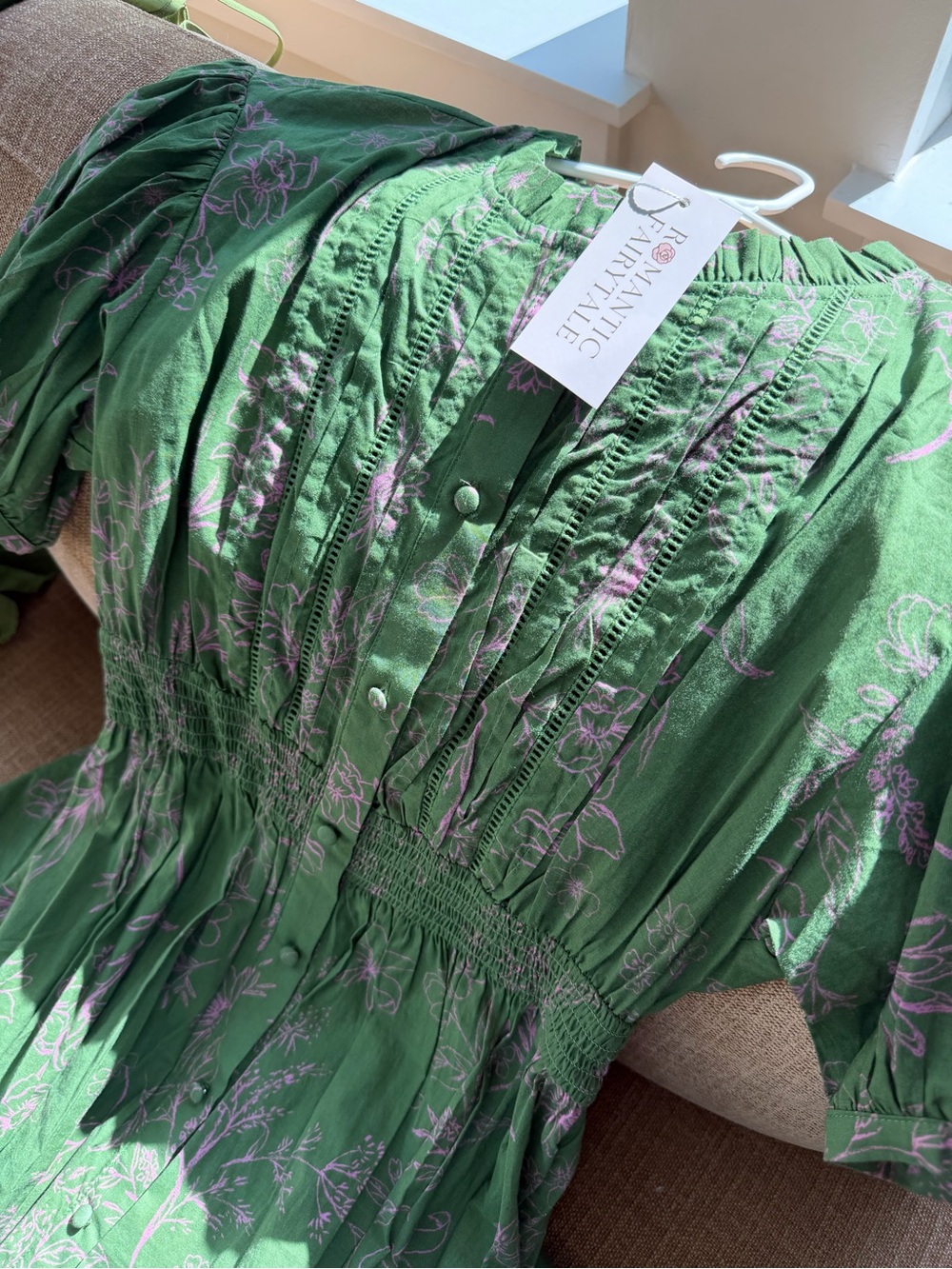 Green Floral Button-Front CottageCore Midi Dress with Smocked Waist. New W Tags - Picture 7 of 16